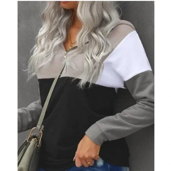 Women's Color Block Draw String 1/4 Zip Pull On Hoodie - Picture 1 of 5